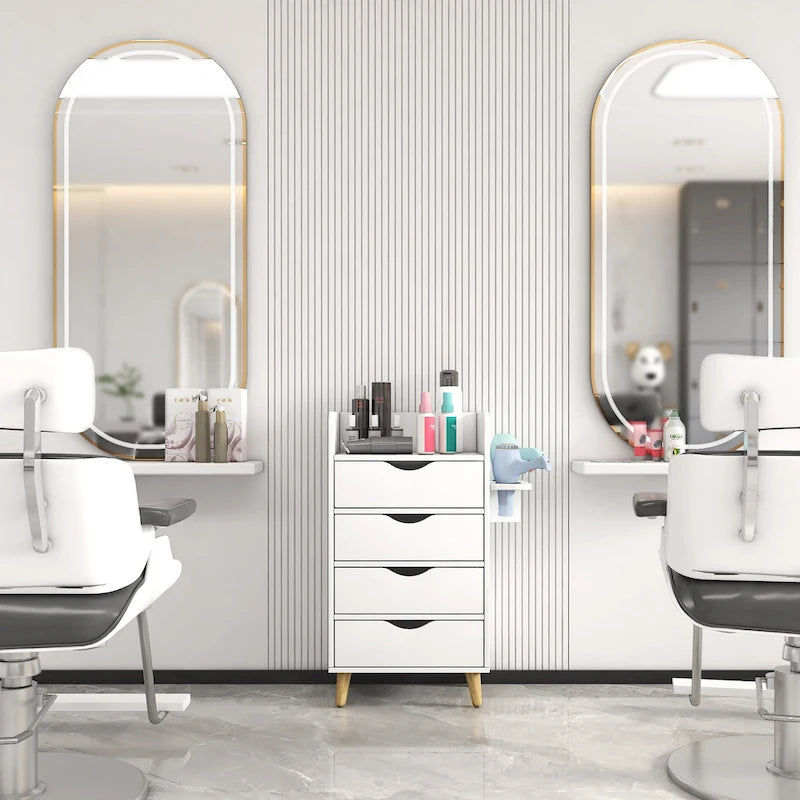 Mobile contenitore da salone a 4 ripiani con 2 supporti per asciugacapelli e 4 cassetti