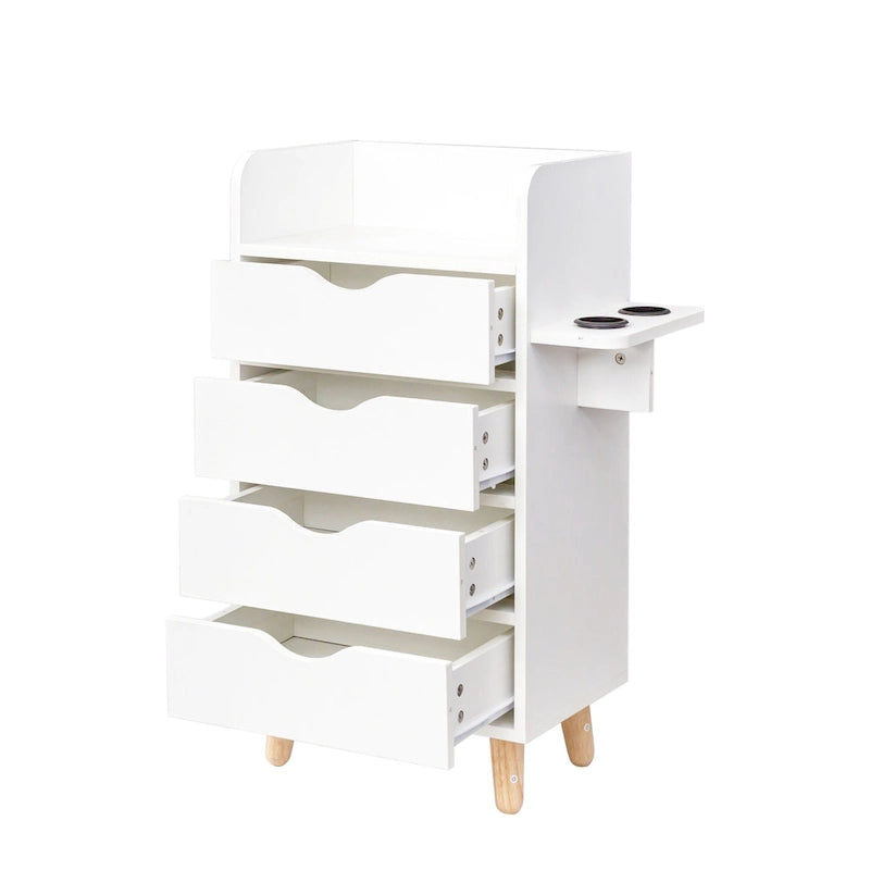 Mobile contenitore da salone a 4 ripiani con 2 supporti per asciugacapelli e 4 cassetti