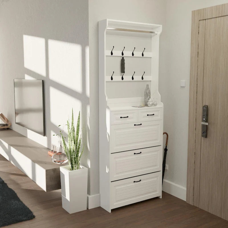 NEW White color shoe cabinet with 3 doors 2 drawers with hanger,large space for storage