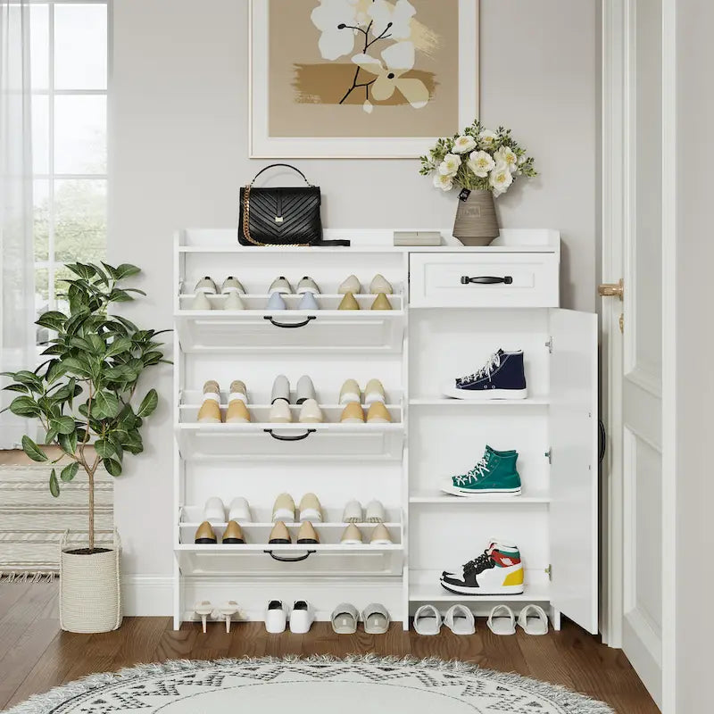 Weißer Schuhschrank mit 4 Türen und 1 Schublade