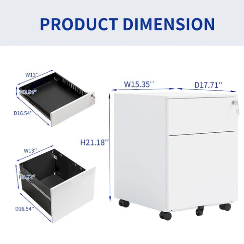 2 Drawer Mobile File Cabinet with Lock Steel File Cabinet for Legal/Letter/A4/F4 Size