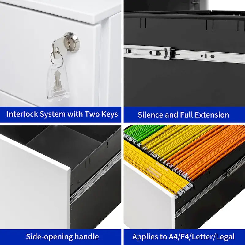 Mobiler Aktenschrank mit 2 Schubladen und Schloss, Stahl-Aktenschrank für Legal-/Letter-/A4-/F4-Format