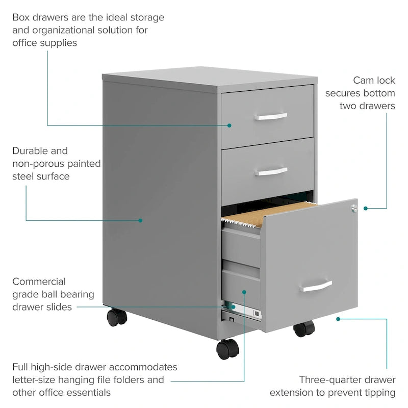 18 Zoll tiefer mobiler Metallschrank mit 3 Schubladen, Arctic Silver