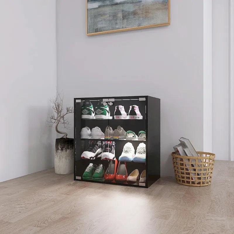 Mobile portascarpe nero a 4 ripiani con anta in vetro e ripiano in vetro, espositore per scarpe con luce LED e controllo Bluetooth