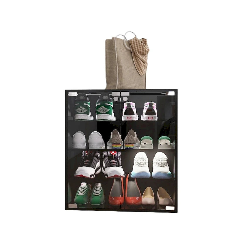 Meuble à chaussures noir à 4 niveaux avec porte vitrée et étagère vitrée, meuble d’exposition pour chaussures avec éclairage LED et commande Bluetooth