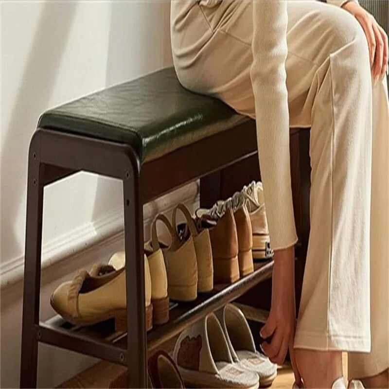 Banc d'entrée en bois à 2 niveaux avec rangement