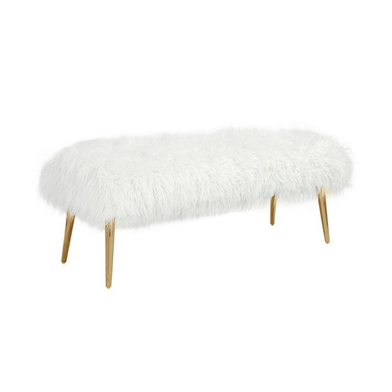 45 Inch Bench, White Faux Fur Padded Seat, Glam Gold Metal Finish