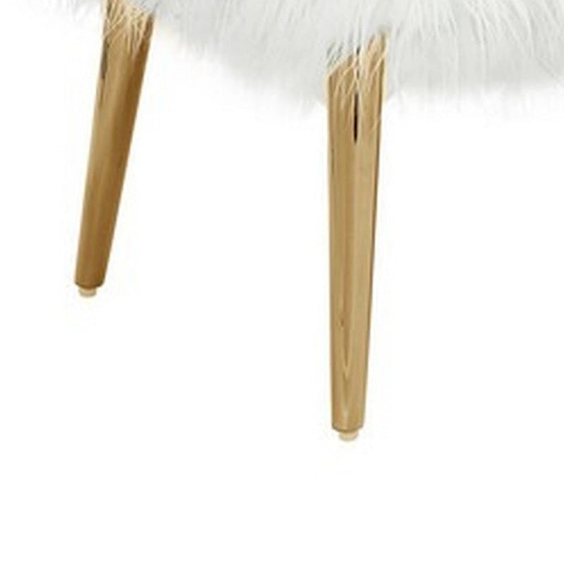 45 Inch Bench, White Faux Fur Padded Seat, Glam Gold Metal Finish
