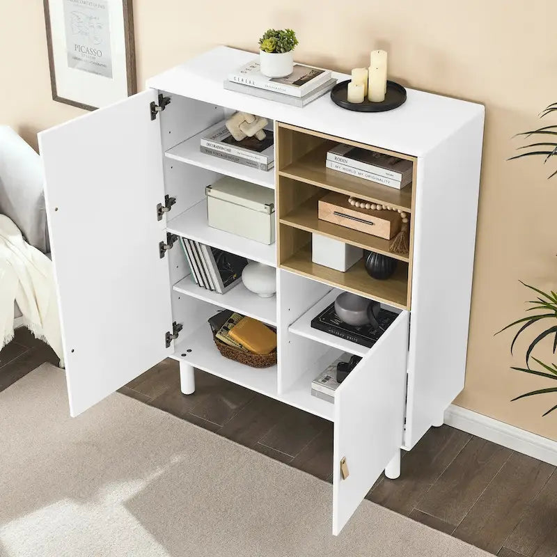 Armadio portaoggetti con anta, multifunzionale, credenza moderna, armadio portaoggetti in legno, cassettiera con maniglia in pelle