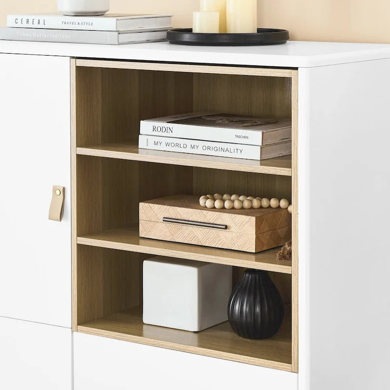 Armadio portaoggetti con anta, multifunzionale, credenza moderna, armadio portaoggetti in legno, cassettiera con maniglia in pelle