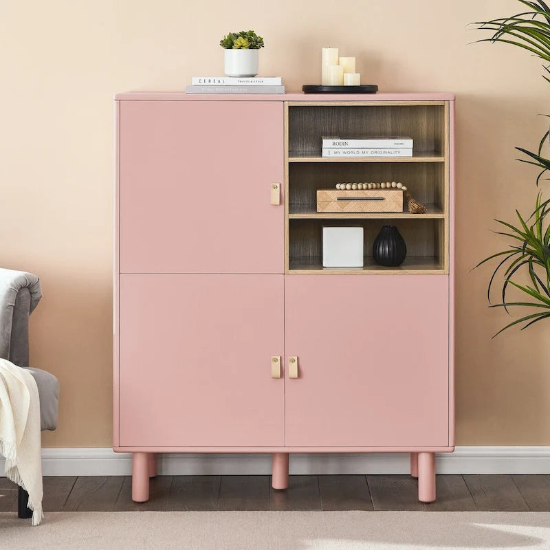 Armadio portaoggetti con anta, multifunzionale, credenza moderna, armadio portaoggetti in legno, cassettiera con maniglia in pelle