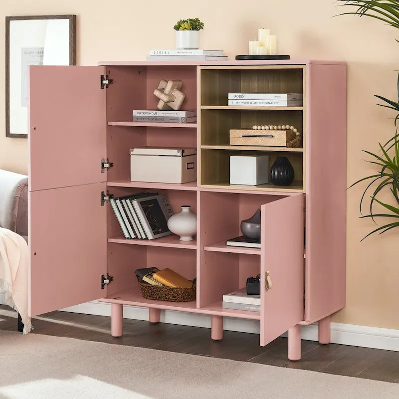 Armadio portaoggetti con anta, multifunzionale, credenza moderna, armadio portaoggetti in legno, cassettiera con maniglia in pelle