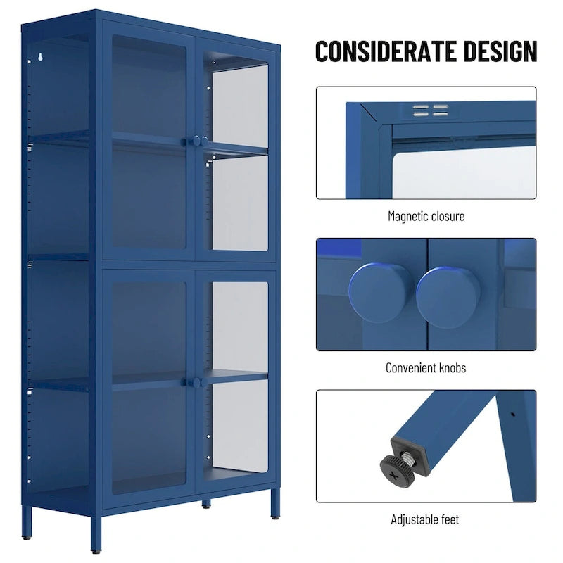 Meuble de rangement à quatre portes avec étagères et pieds réglables, buffet en acier laminé à froid pour le salon et la cuisine