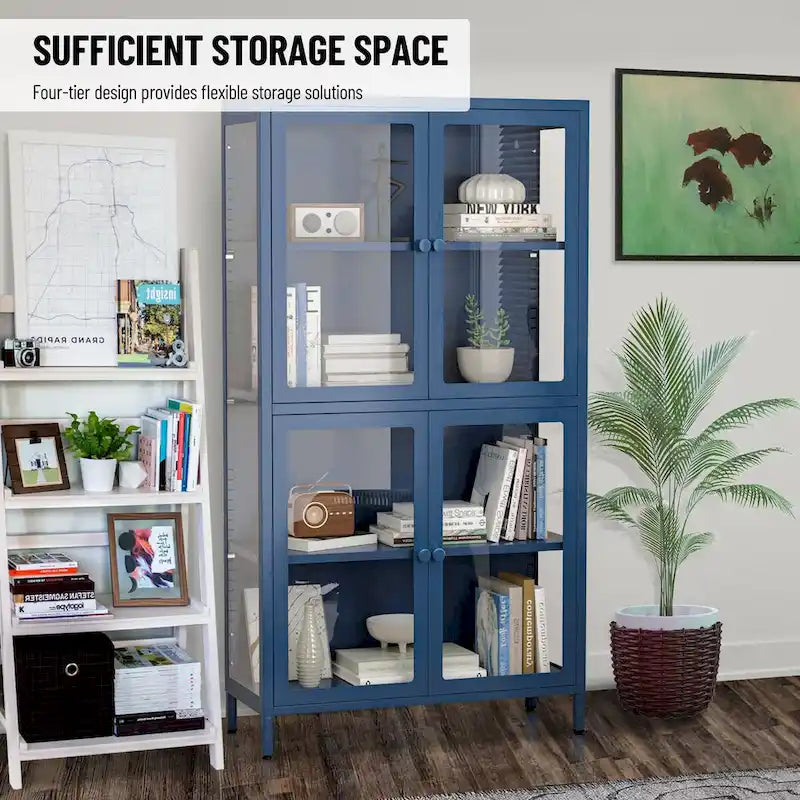 Meuble de rangement à quatre portes avec étagères et pieds réglables, buffet en acier laminé à froid pour le salon et la cuisine