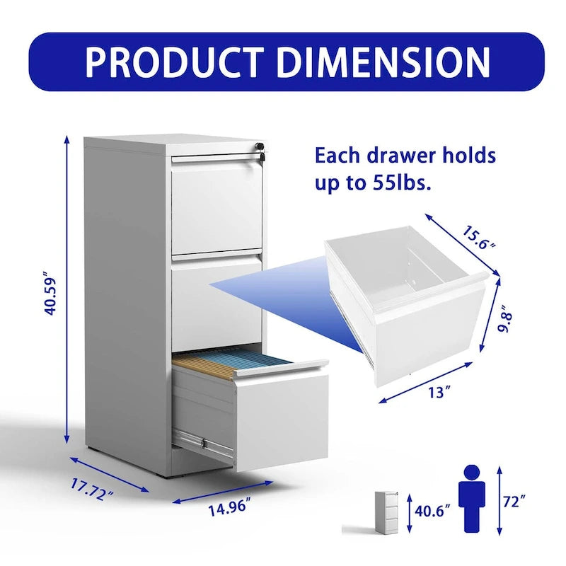 Vertikaler Metall-Aktenschrank mit 3 Schubladen und Schloss, Stahl-Aktenschrank für Büro und Zuhause im Format A4/Legal/Letter Size3
