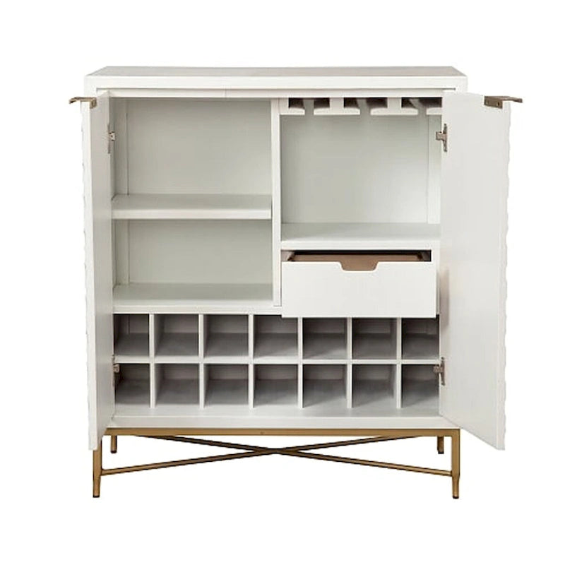 Meuble bar à 2 portes avec motif alvéolaire et pieds en métal, blanc