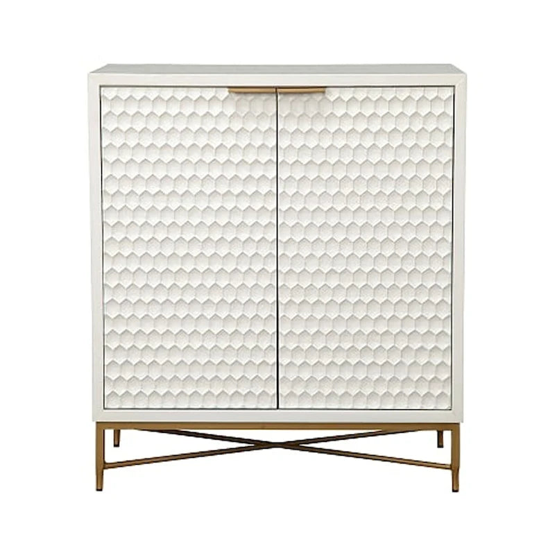 Meuble bar à 2 portes avec motif alvéolaire et pieds en métal, blanc