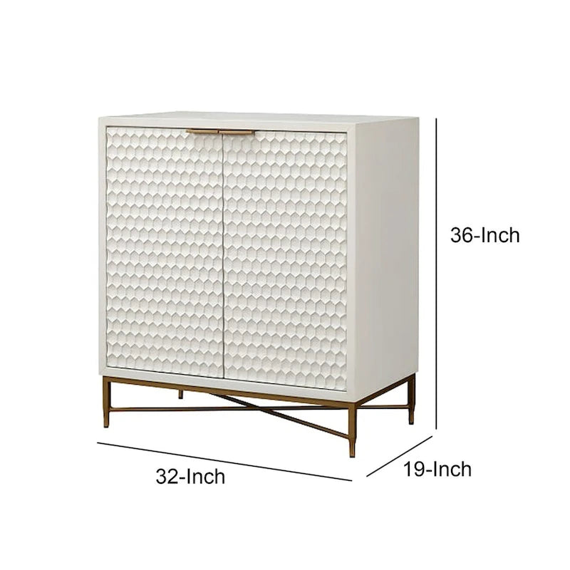 Meuble bar à 2 portes avec motif alvéolaire et pieds en métal, blanc
