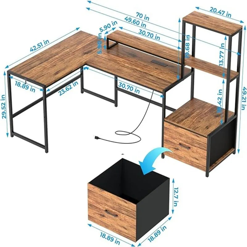 Shaped Desk with Power Outlets - 18.89D x 70.07W x 29.52H