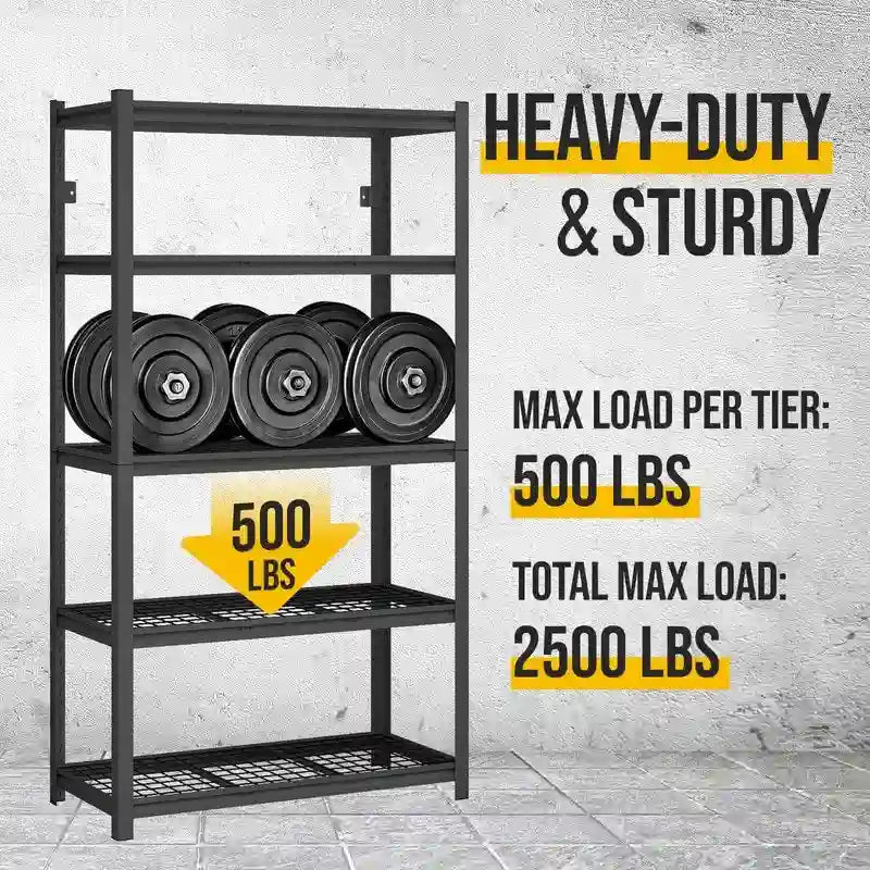 Czarny, regulowany, metalowy regał magazynowy Heavy Duty do garażu, 5 poziomów