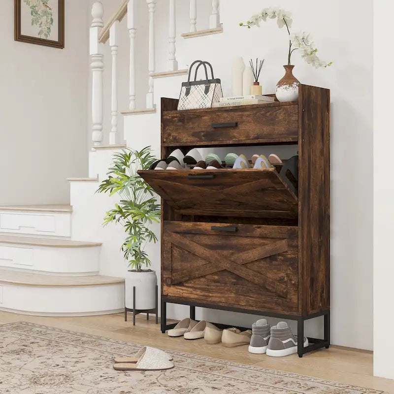 Schmaler Schuhschrank mit 2 Klapptüren und oberer Schublade, Braun