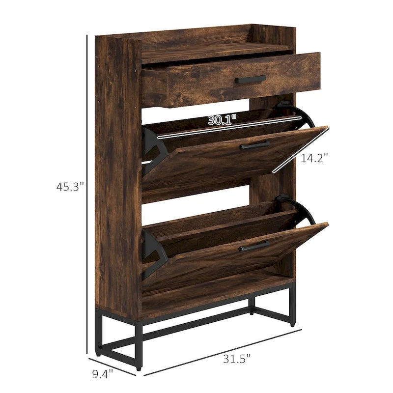 Schmaler Schuhschrank mit 2 Klapptüren und oberer Schublade, Braun