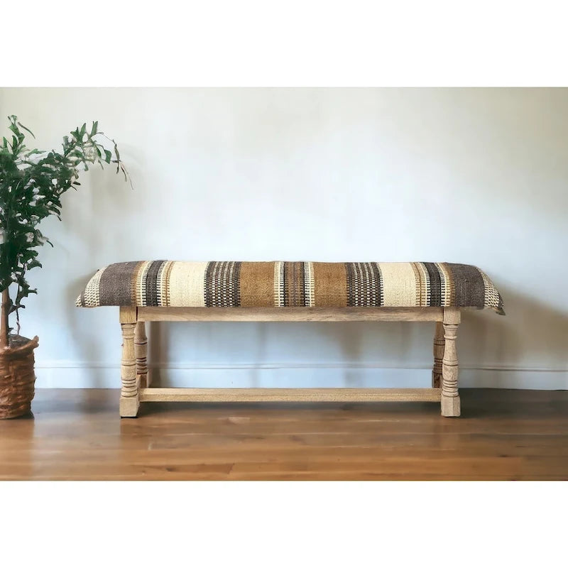 HomeRoots 59 Beige and Gray and Brown Upholstered Jute Striped Bench - 59
