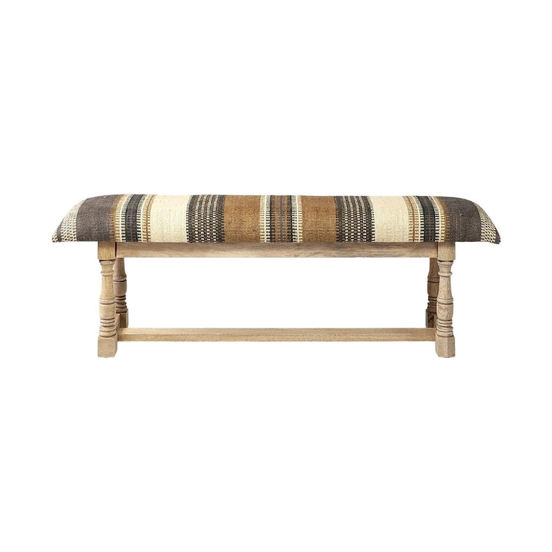 59 Beige and Gray and Brown Upholstered Jute Striped Bench - 59
