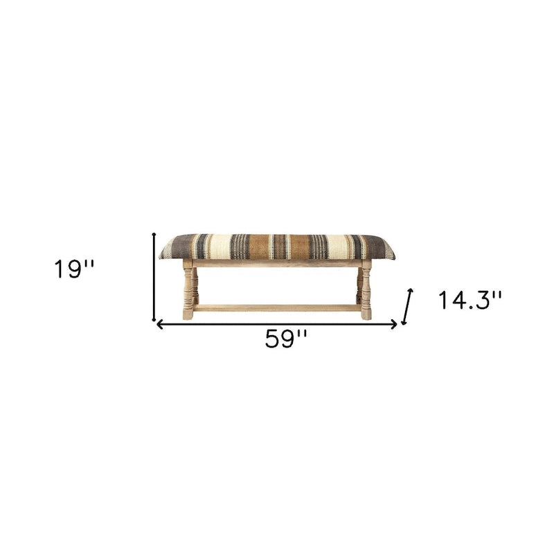 59 Beige and Gray and Brown Upholstered Jute Striped Bench - 59