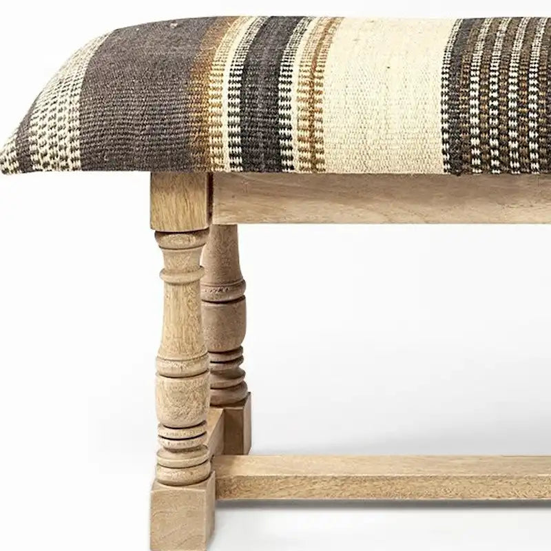 59 Beige and Gray and Brown Upholstered Jute Striped Bench - 59