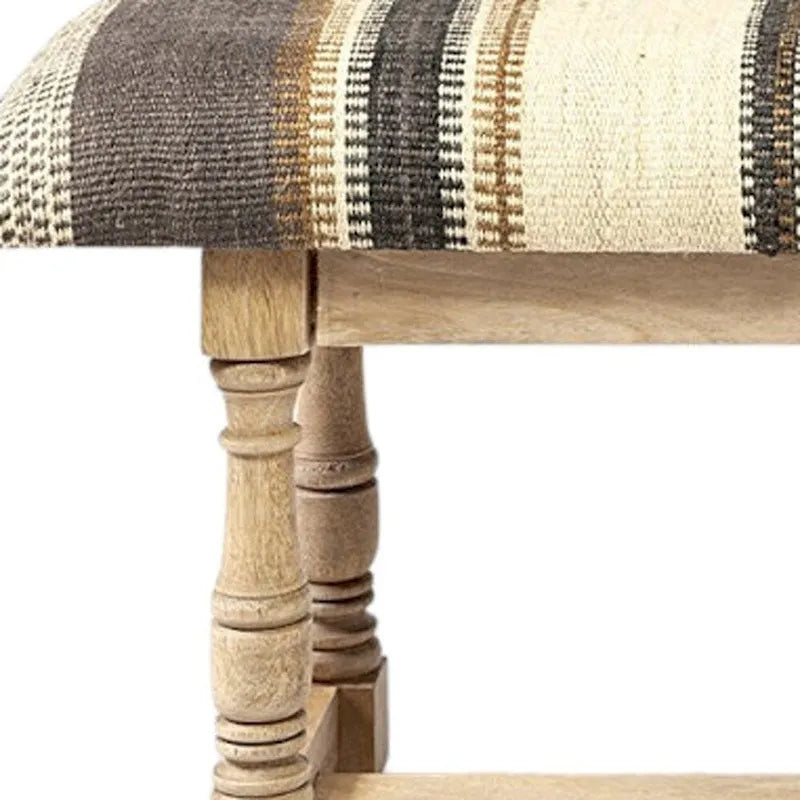 59 Beige and Gray and Brown Upholstered Jute Striped Bench - 59