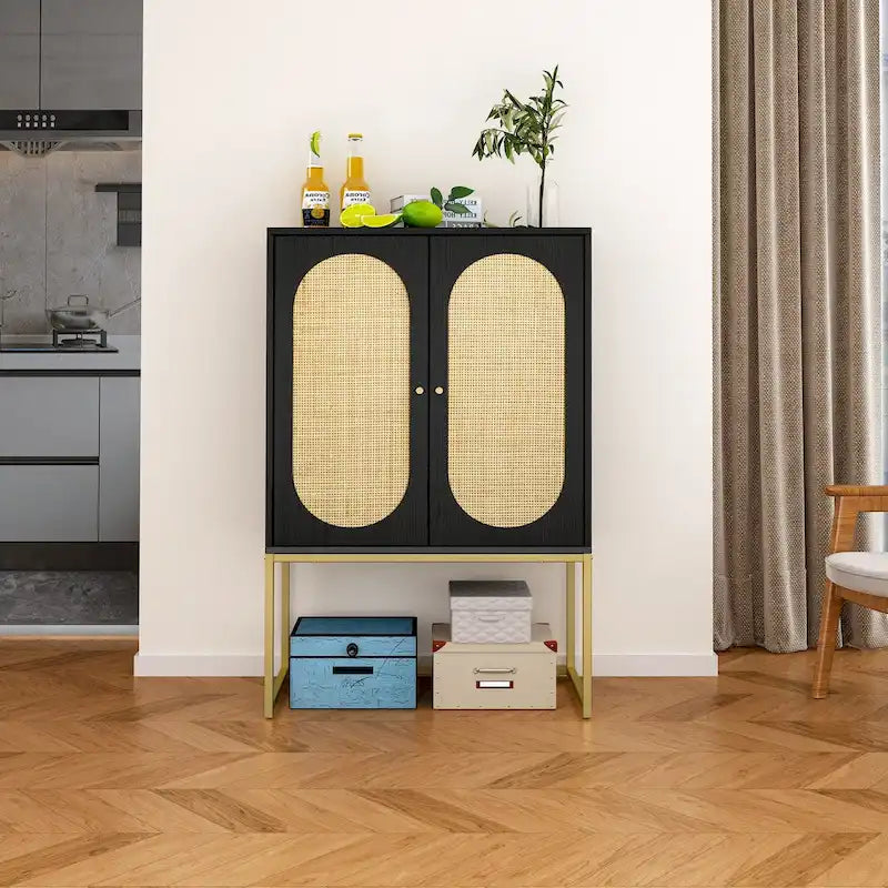 Armadietto alto a 2 ante, rattan naturale, ripiano regolabile integrato, mobile indipendente