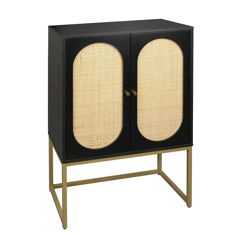 Hoher Schrank mit 2 Türen, natürlichem Rattan, integrierter verstellbarer Einlegeboden, freistehender Schrank