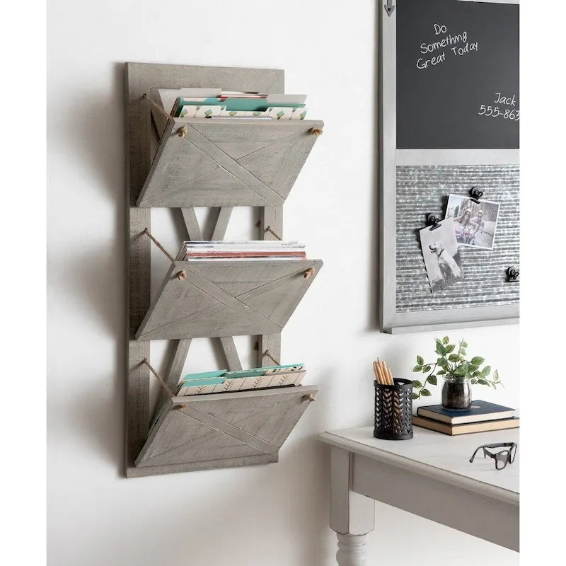 Porte-documents mural suspendu en bois style maison de campagne à 3 pochettes