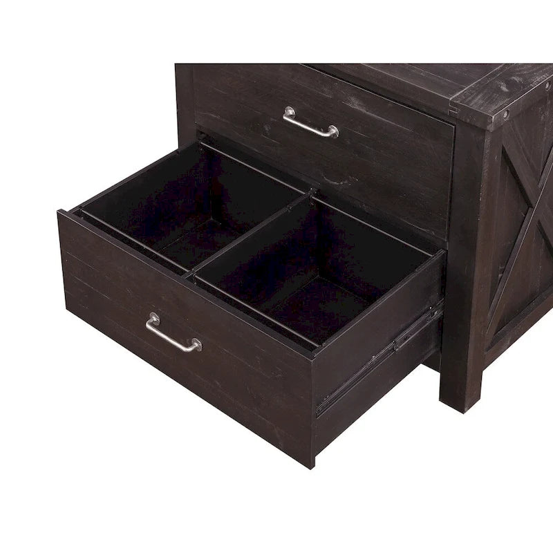 Aktenschrank aus Holz mit zwei Schubladen, Metallgriff und gekreuzter Seitenstrebe
