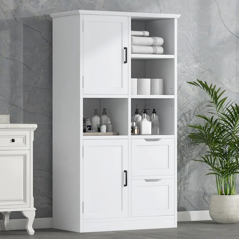 Armadietto da bagno con ante e cassetti, numerosi vani contenitore, struttura indipendente, ripiano aperto, ripiano regolabile, bianco