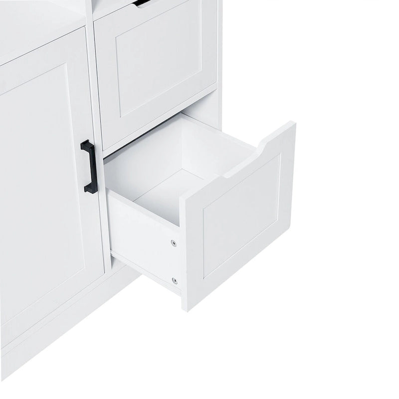 Armadietto da bagno con ante e cassetti, numerosi vani contenitore, struttura indipendente, ripiano aperto, ripiano regolabile, bianco