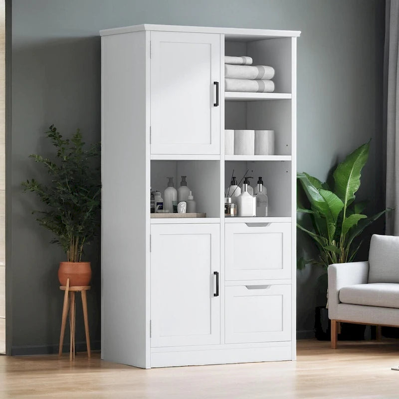 Badezimmerschrank mit Türen und Schubladen, viel Stauraum, freistehend, offenes Regal, verstellbarer Einlegeboden, Weiß