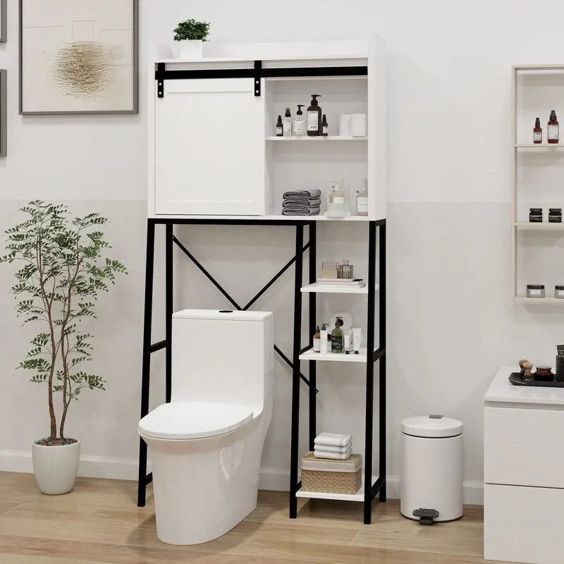 Aufbewahrungsschrank über der Toilette, Badezimmerregale über der Toilette mit Schiebetür im Scheunenstil